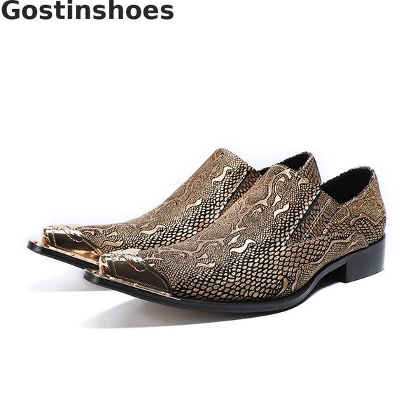 

golden snakeskin printed genuine leather shoes men golden metal capped toe pointed slip-on men casual shoes oxfords, Black
