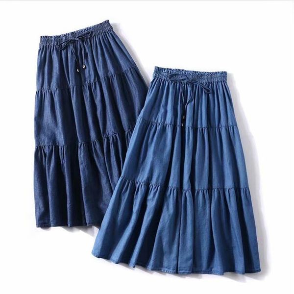 

2020 summer solid color korean style women long skirts loose ruffles denim skirts high elastic waist slim plus size m-7xl, Black