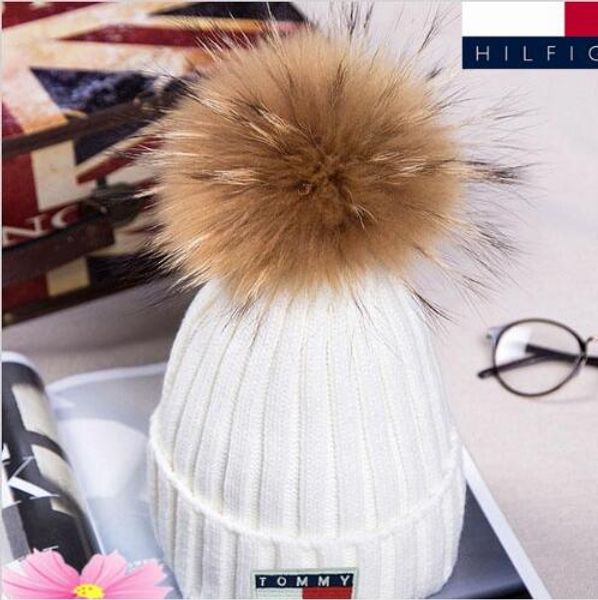 

new winter knitted real fur hat women thicken beanies with 15cm real raccoon fur pompoms warm girl caps snapback pompon beanie hats, Blue;gray