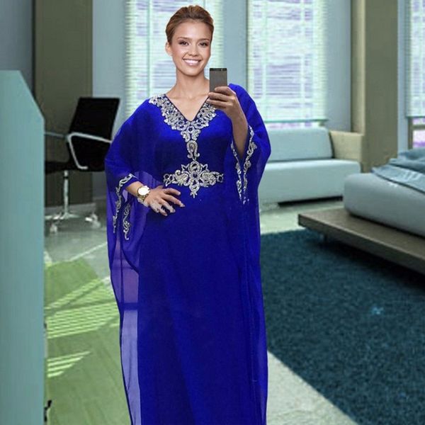 2018 Royal Blue Dubai longo robe de soirée muçulmano vestidos de noite Kaftan Chiffon frisado chiffon árabe mãe formal dos vestidos de noiva