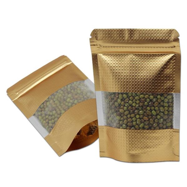 

golden stand up mylar foil bag reclosable zipper nuts package bags heat seal aluminum embossed snack pouch with clear window