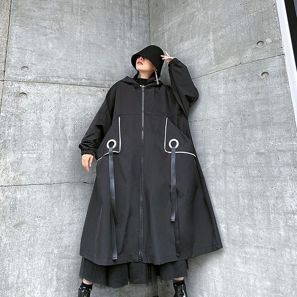 

women trendy hooded trench coat dark black plus size long jacket windbreaker female streetwear hip hop punk gothic overcoat 5xl, Tan;black