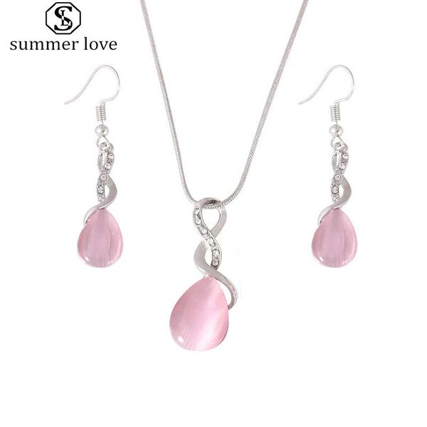 

new arrival pink opal waterdrop pendant necklace earring set for women elegant infinite charm statement jewelry set 2019, Silver