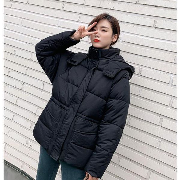 

2019 womens winter new style fashion pure color thickening straight barrel loose leisure stand collar hooded cap overcoat, Tan;black