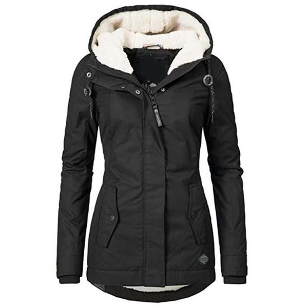

women parkas warm casual solid color female hooded jacket thick zipper pocket long sleeve winter warm coat, Black