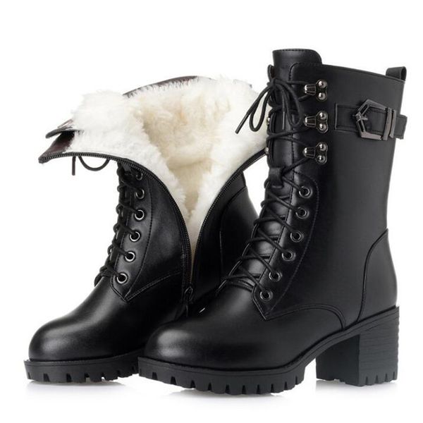

plus size autumn motorcycle boots warm snow boots winter shoes fashion cow leather inisde cloth plush wool winter, Black