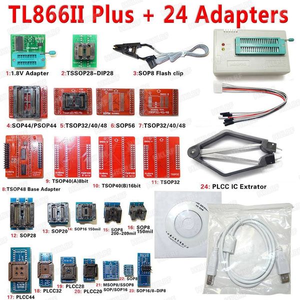 100% Original Novo TL866II Plus Universal Programador Minipro + 24 Adaptadores + Teste Clipe TL866 PIC Bios Programador de alta velocidade freeshipping