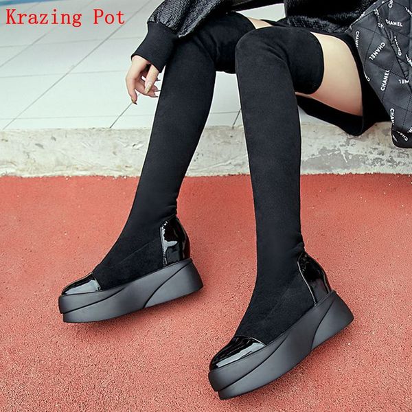 

krazing pot 2019 new genuine leather flock lycra flat long boots platform round toe slip on lady stretch over-the-knee boots l08, Black