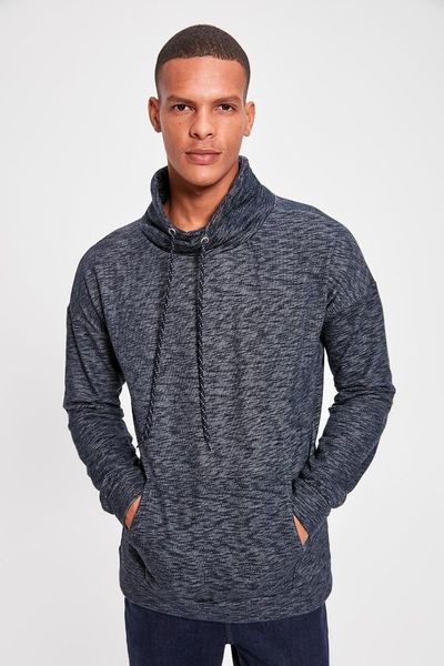 

trendyol blue men 's funnel collar long sleeve kangaroo pocket new sweatshirt tmnaw20sw0137, Black