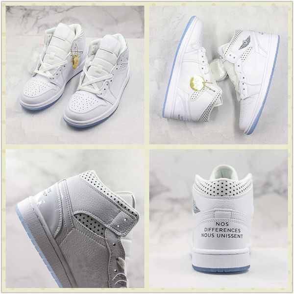 

1s Basketball Shoes Designer Unity theme Nos Differences Nous Unissent Men Women White Mid Cut Shoes White Black Wave Point