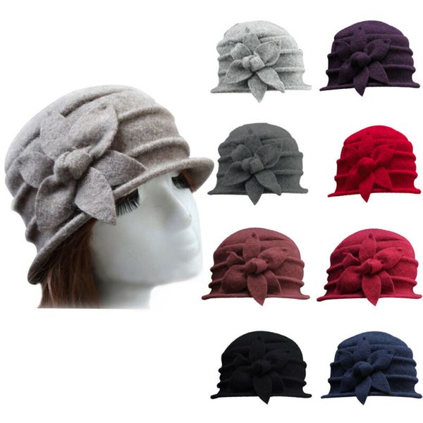 

stylish women flower wool felt bucket hat fashion casual solid cloche beanie cap winter warm  for mother