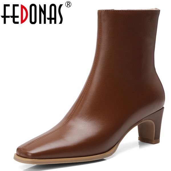 

fedonas 1new women ankle boots autumn winter warm genuine leather high heels shoes woman square toe zipper quality ladies boots, Black