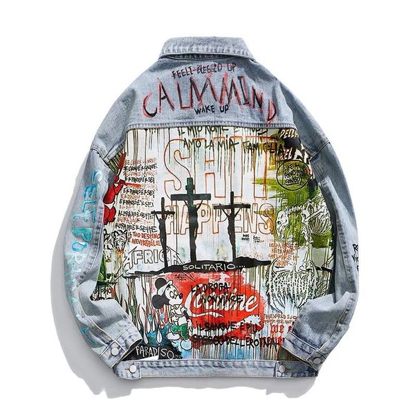 

mens jackets lucky ghost little demon graffiti print old damaged hole denim jacket men women loose coat, Black;brown