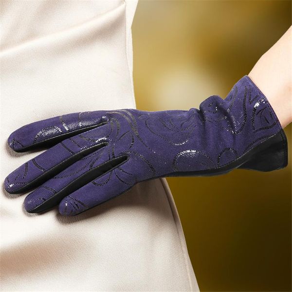 

five fingers gloves genuine leather ladies winter plus velvet warm driving korean version of the color sheepskin touch screen l167nc2, Blue;gray