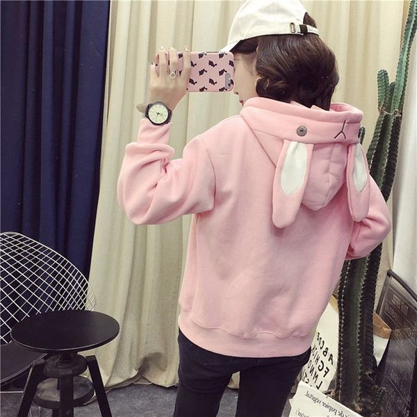 

kawaii bunny ear hoodie women long sleeve hooded sweatshirts pink autumn winter girl hoody pullovers plus size tracksuits, Black