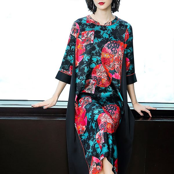 

2019 new summer spring dress chinese style vintage print flower women dress loose silk blend long party vestidos robe, Black;gray