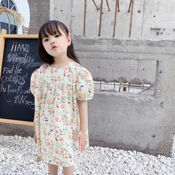

2020 children clothing summer new girls short sleeve cotton floral dress long princess dresses toddler causal puff sleeve dress, Red;yellow