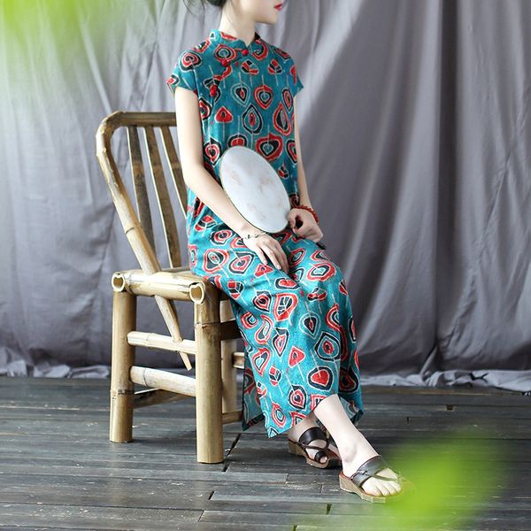 

casual dresses women cotton linen printed qipao dress ladies loose print cheongsam female 2021 summer, Black;gray