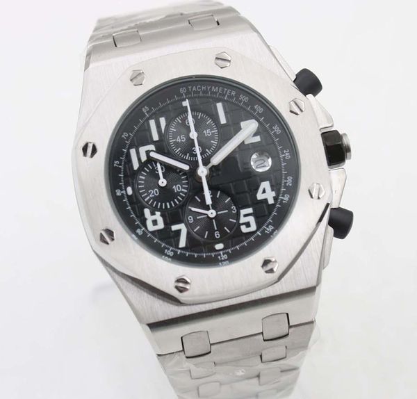 

men black dial sports quartz chronograph limited watch wristwatch populor silver stainless pointer offshore men watch, Slivery;brown