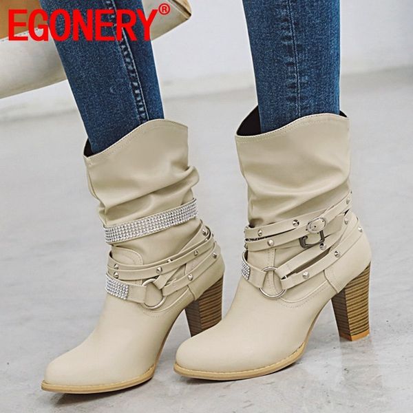 

egonery winter new fashion warm mid calf boots outside super high heels crystal round toe plus size women shoes drop shipping, Black