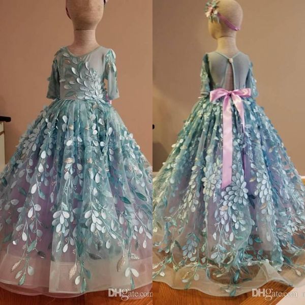 Abiti da ragazza di fiori gonfi blu cielo con maniche con paillettes Abiti da spettacolo per bambini Abito da comunione in tulle