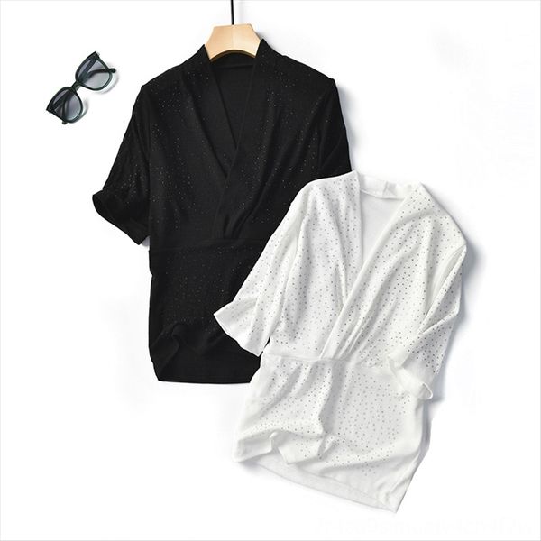 

чжэ zhi 2020 трикотажные короткими рукавами футболки женщин-блестки блестки v-образным вырезом свежий и сладкий шить верхнюю, White