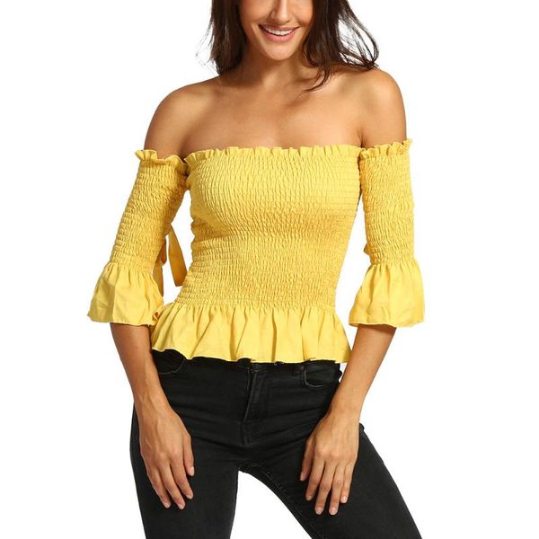 

blouse women blusa solid tight half shirt backless neck blouse plus yellow slash neck design summer clothes for girls, White