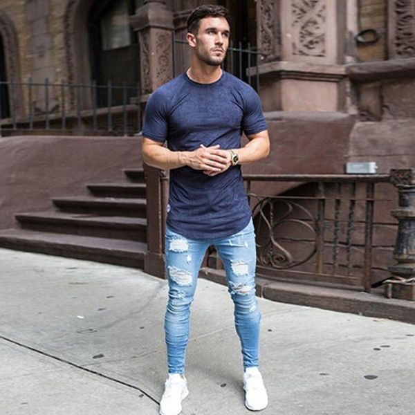 

men stretchy ripped skinny biker jeans destroyed taped slim men's vintaged washed denim fringe biker fit jeans, Blue