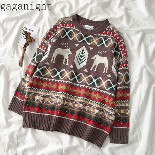 

gaganight vintage fashion sweater women long sleeve o neck autumn winter pullover female chic christmas jumper girls loose, White;black