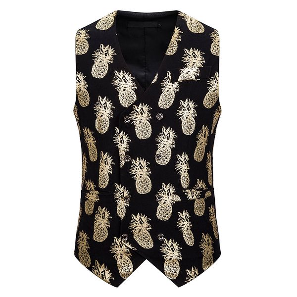 

gold pineapple bronzing vest men chaleco hombre 2020 brand double breasted suit vest waistcoat men dj club wedding tuxedo vests, Black;white