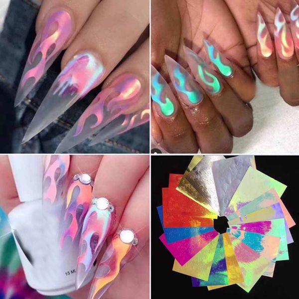 

1/16 pcs holographic fire flame nail vinyls stencil hollow stickers fires on manicure stencil stickers nail art decoration, Black