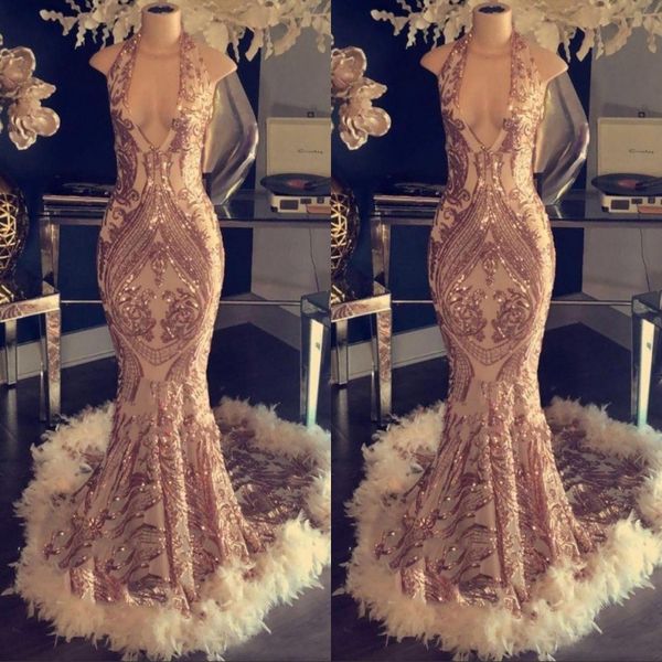 

gold sleeveless prom dresses 2019 sequins mermaid appliqued feather evening party gown pageant dress plus size custom, Black
