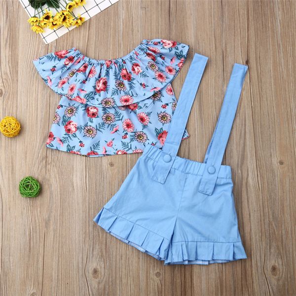

summer baby girls outfits floral +straps shorts 2 pieces clothing sets 2020 kids off shoulder flowers t-shirts overalls suits new e22603, White