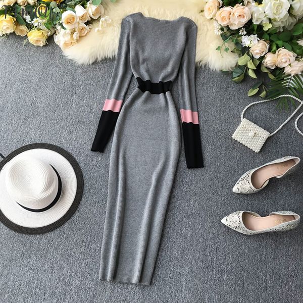 

женщины o шеи хит цвет pachwork оболочки тонкий knit платья o шеи длинным рукавом трикотажное платье vestidos, Black;gray