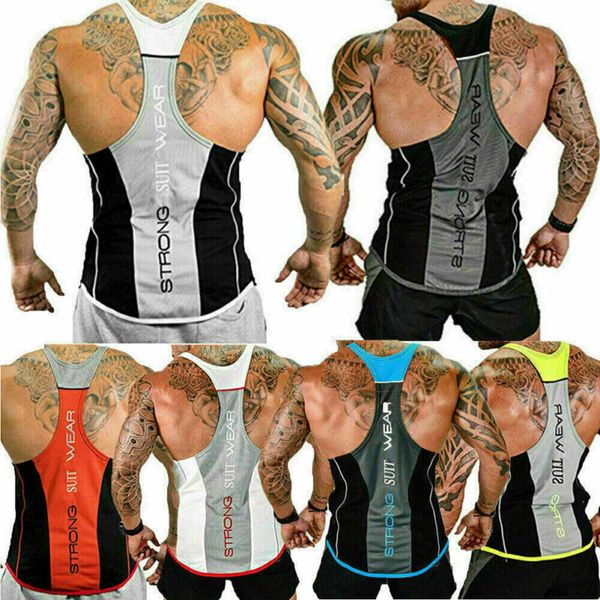 

men tank gym sleeveless sport shirt muscle bodybuilding racerback vest, Black;blue