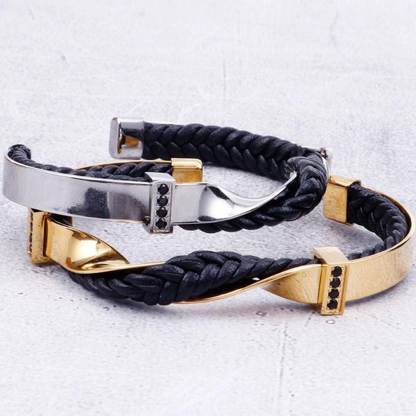 

polished stainless steel bracelet open bangle gold with cz insert 7mm wide braided leather bracelets for men friendship jewelry, Black