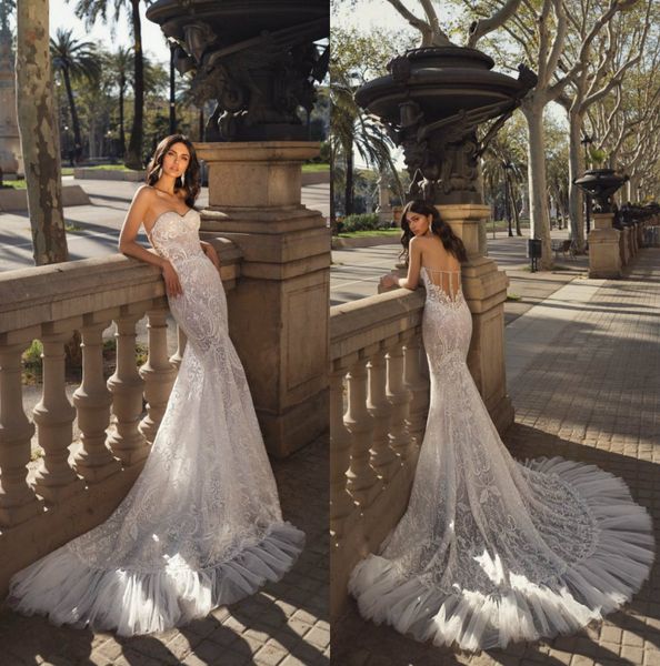 

2019 julie vino mermaid wedding dresses lace appliqued sweep train sweetheart boho wedding dress custom beaded plus size bridal gowns, White