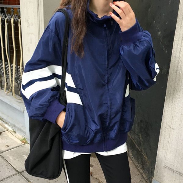 

women's early autumn stitching contrast color jacket coat korean casual bf long-sleeved loose wild retro sports jacket ml076, Black;brown