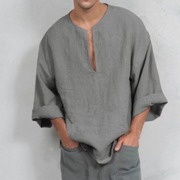 

autumn 2019 mens summer t-shirt cotton linen thai hippie shirt v-neck beach shirt blouse long sleeve t solid color, White;black