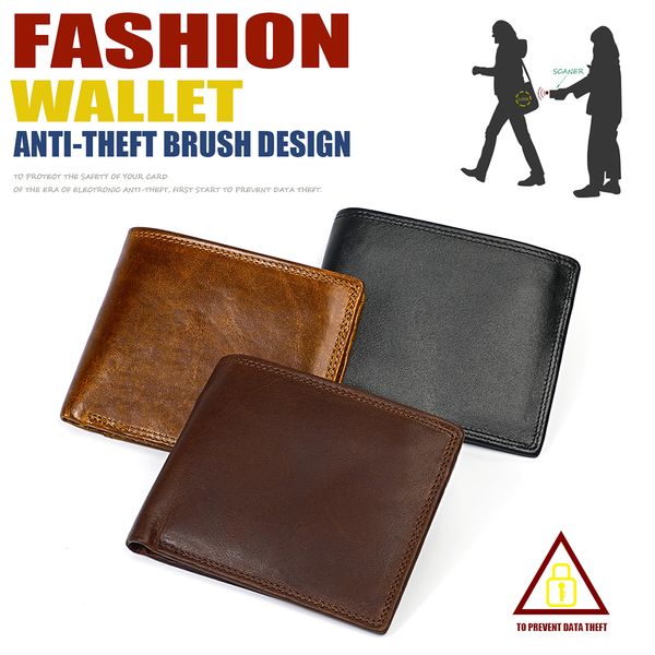 

rfid blocking genuine leather short fold over wallet women men anti-theft brush card holder purses banknote pocket mini cowhide wallets gift, Red;black