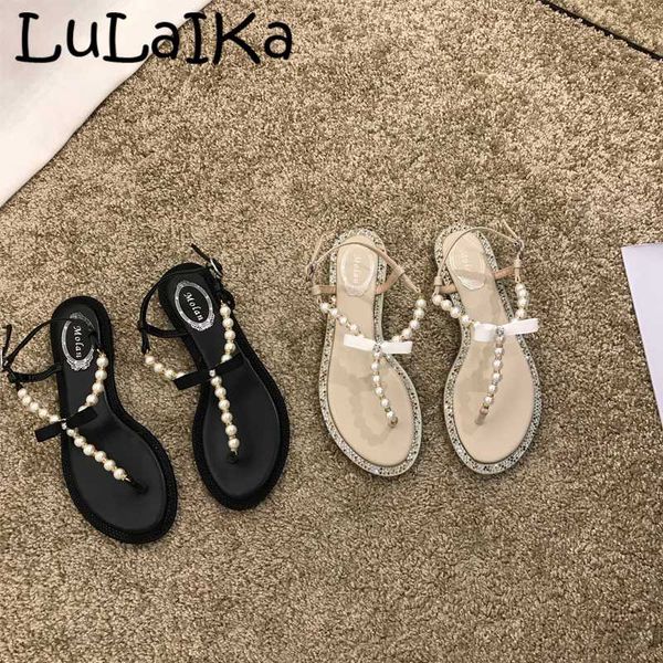 

lulaika 2020 летний новый дамы моды rhinestone покрытием бисера пряжки лук дышащий папка toe casual дикие рим плоские сандалии, Black
