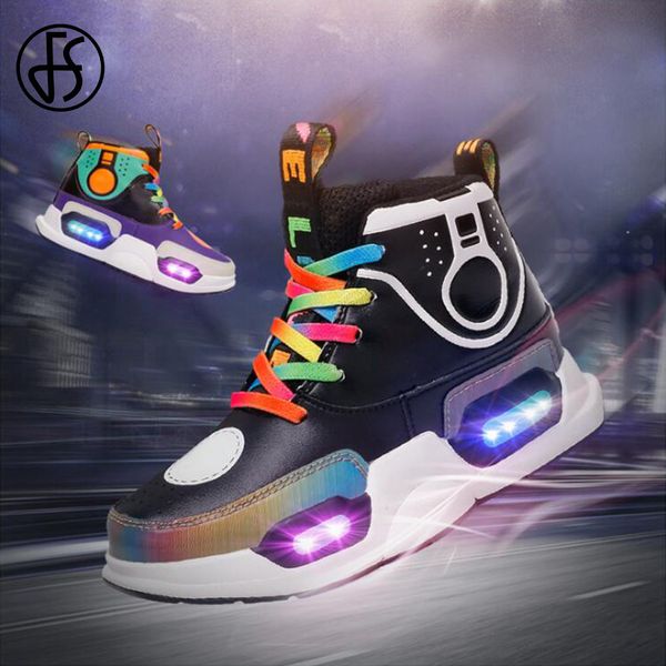 

fs usb charging led super light lamp up shoes kids' sneakers children sport stitching leatcher basketball running shoes fr boys, Black