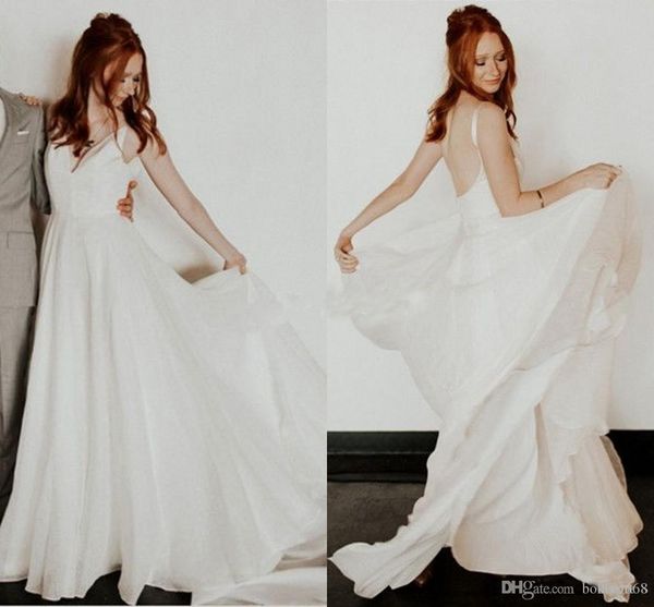 

Bohemian Simple Wedding Dresses Backless Spaghetti Sweep Train Boho Beach Garden Country Bridal Gowns robe de mariée Cheap Plus Size 2019