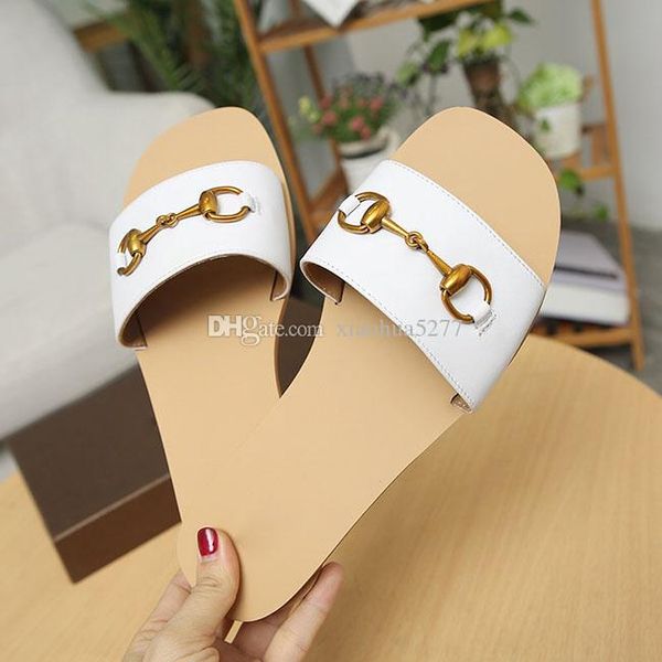 

beach slippers 2019 designer summer brand women slipper fashion genuine leather slides sandals metal chain ladies casual shoes size 35-45, Black