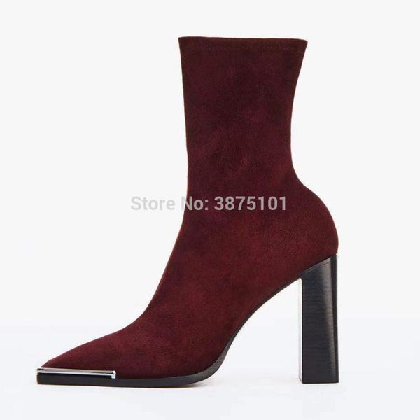 

fashion ankle suede boots women metal pointed toe high high shoes ladies casual sock heels woman dress pumps, Black
