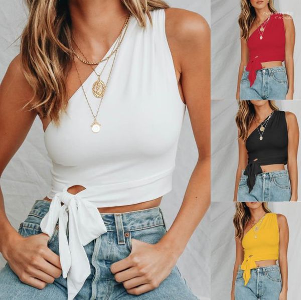 

color sleeveless one shoulder short with ribbon casual womens clothing summer women designer tshirts fashion solid, White