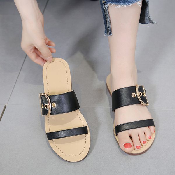 

flat bottom slippers female summer belt buckle towing students anti-skid non-slippery beach cool slippers shoes women cs05, Black