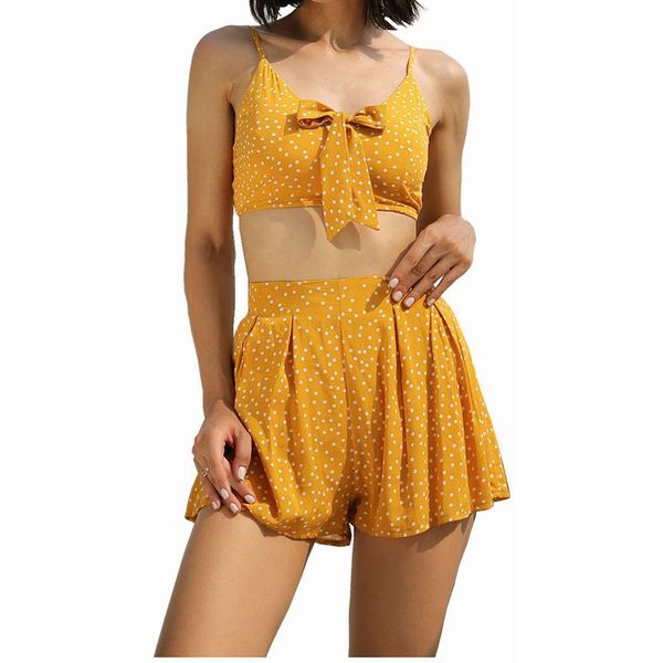 

women printing suit v neck dot sleeveless camis crop short pants 2 pieces summer 2019 bow set holiday beach garden yellow, White