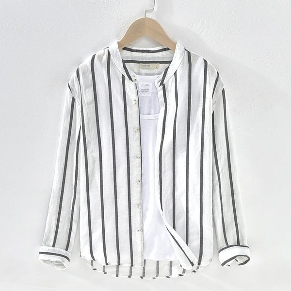 

2020 men's long sleeve stripe shirts 85%linen summer casual shirts man white stand collar shirt male y2461, White;black