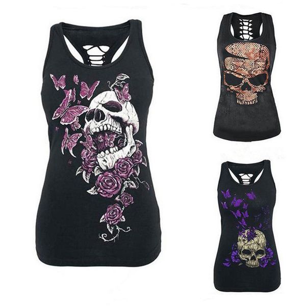 

punk rock t shirt women casual skull print floral t shirt hollow out sleeveless slim fit shirts tee tank shirt, White